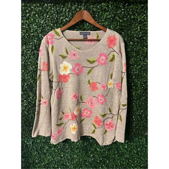 Northern Isles cotton linen blend long sleeve floral sweater size large - Picture 1 of 6
